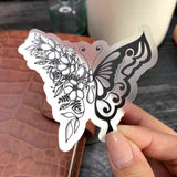 Black/White Floral Butterfly Clear Vinyl Sticker, 3x2.7 in.