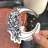 Black/White Floral Moon Clear Vinyl Sticker, 3x2.8 in.