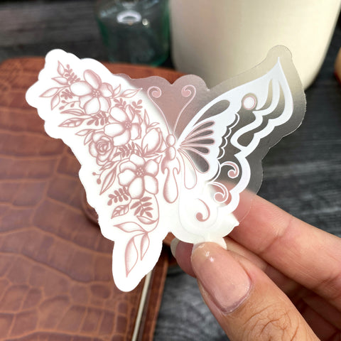 Pink/White Floral Butterfly Clear Vinyl Sticker, 3x2.7 in.
