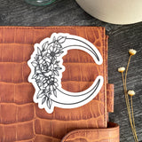 Black/White Floral Moon Clear Vinyl Sticker, 3x2.8 in.