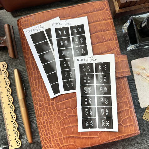 Month Tabs- Black Watercolor- Sticker Sheet